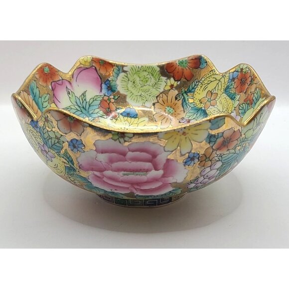 Chinese Famille Rose Porcelain Millefleur1000 Flower Gilt Lotus Display Bowl - Picture 1 of 13